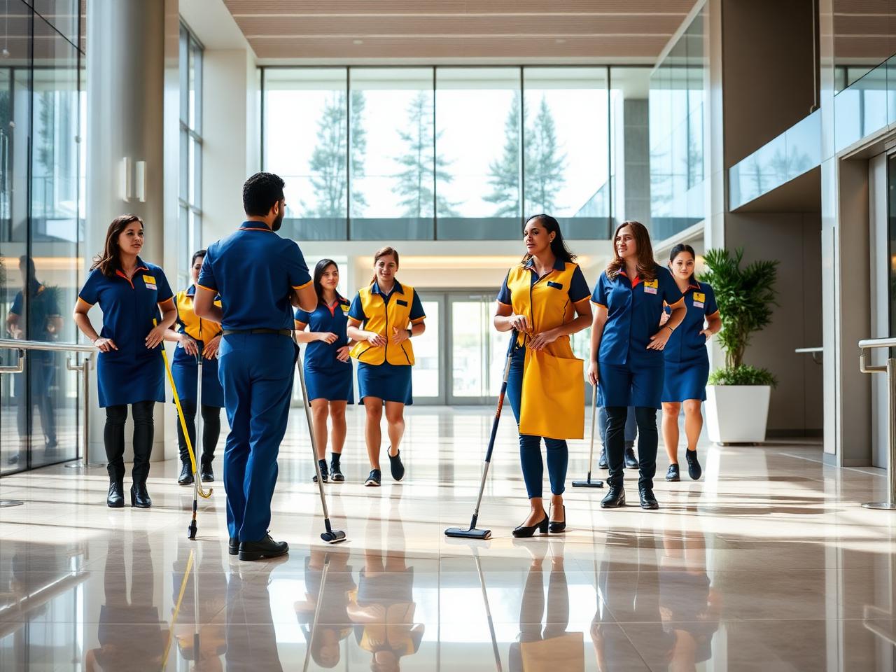 Curso de Auxiliar de Limpeza Online com Certificado Curso de Auxiliar de Limpeza Online com Certificado - Equipe de limpeza uniformizada recebendo orientações de um profissional responsável em um saguão comercial