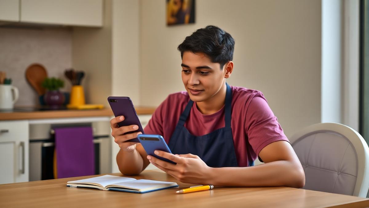 Estudante lendo material pelo celular durante a capacitação para auxiliar de limpeza