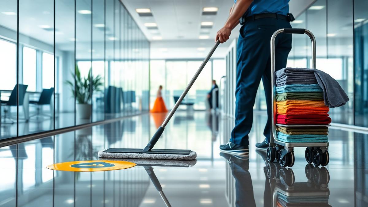 Limpeza de piso com mop e panos coloridos aplicando técnicas de limpeza profissional