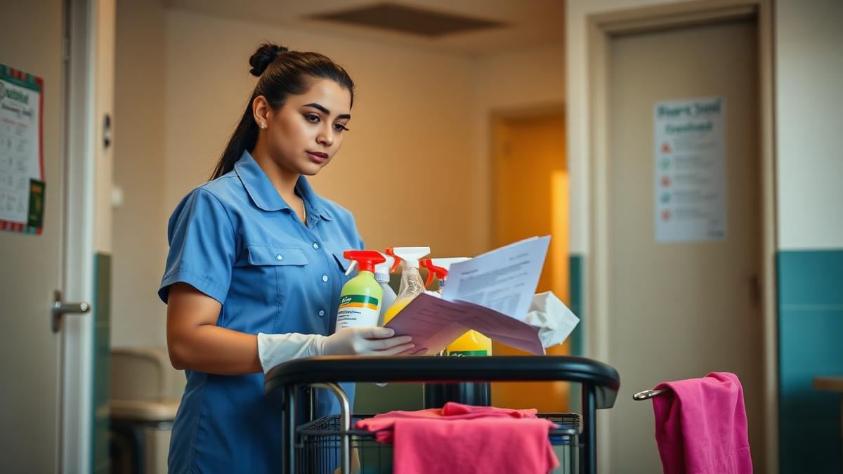 Profissional organizando carrinho e checklist: o que é preciso para ser auxiliar de limpeza