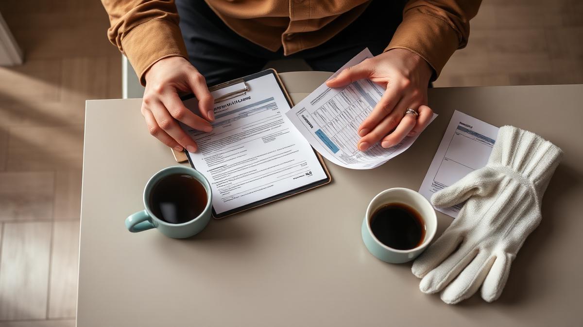 Mãos comparando documentos e calculadora na consulta do piso salarial do auxiliar de limpeza