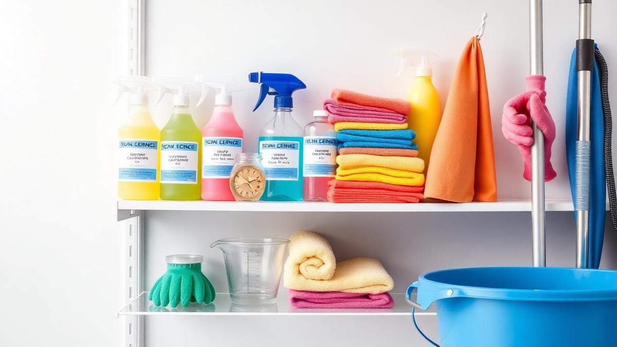 Prateleira organizada com produtos de limpeza profissional, panos coloridos e EPIs