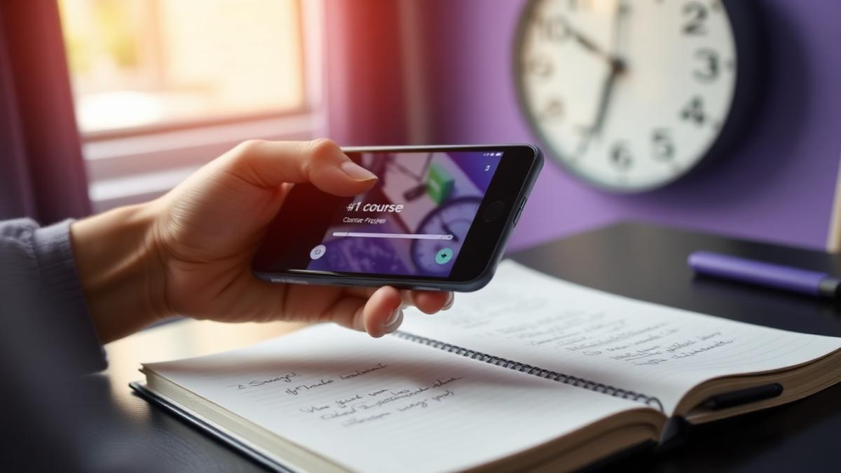 Celular com material de estudo e relógio ao fundo: quanto tempo dura o curso de auxiliar de limpeza