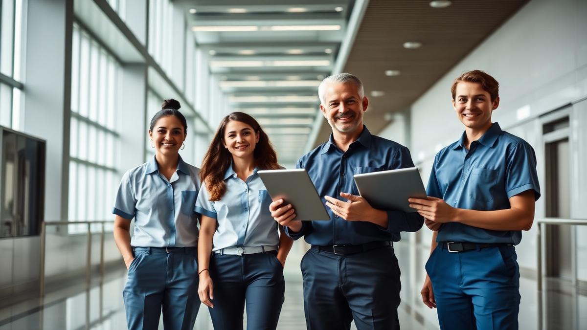Equipe terceirizada de limpeza com supervisor em prédio corporativo, contexto do salário de auxiliar de limpeza terceirizada