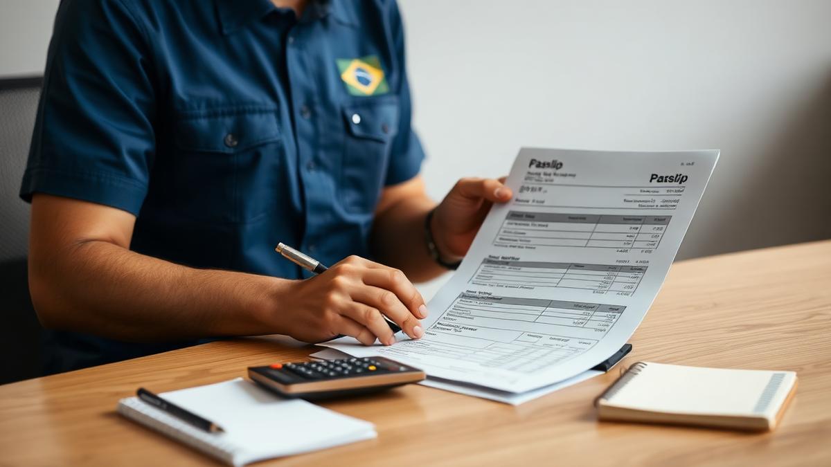 Profissional conferindo holerite e calculadora para entender o salário de auxiliar de limpeza