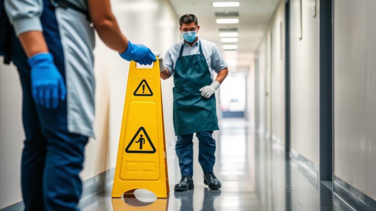 Profissionais com EPIs e placa de piso molhado aplicando segurança no trabalho de limpeza
