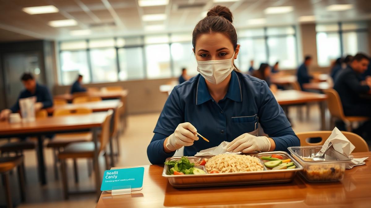 Profissional de limpeza almoçando em refeitório com cartão de vale-refeição do auxiliar de limpeza